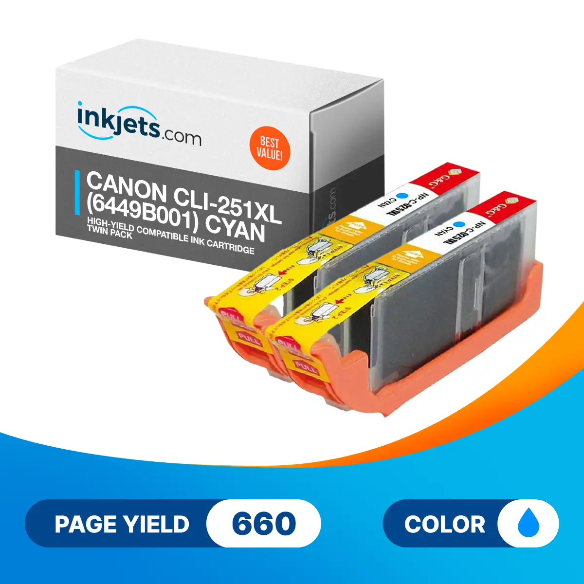 Canon CLI-251XL (6449B001) Cyan High-Yield Compatible Ink Cartridge Twin Pack - Image 2
