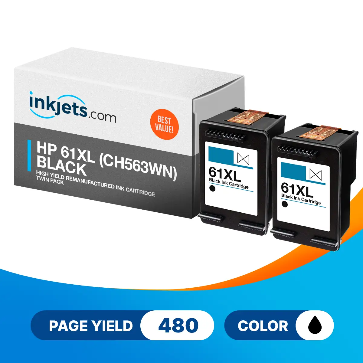 HP 61XL Black (CH563WN) Remanufactured High Yield Ink Cartridge Twin Pack - Image 2