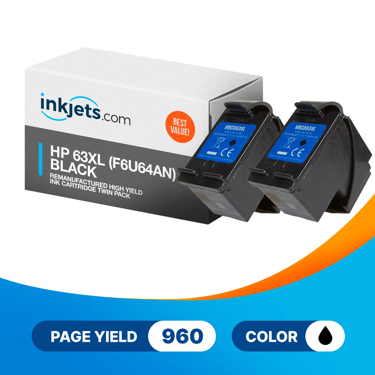 HP 63XL Black (F6U64AN) Remanufactured High Yield Ink Cartridge Twin Pack - Image 2