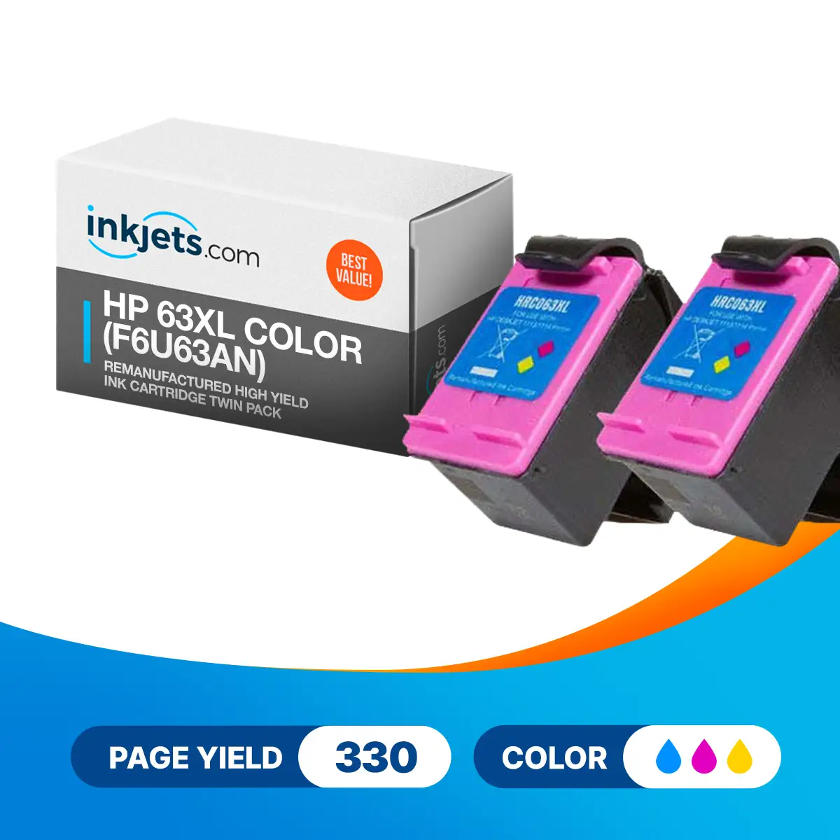 HP 63XL Color (F6U63AN) Remanufactured High Yield Ink Cartridge Twin Pack - Image 2